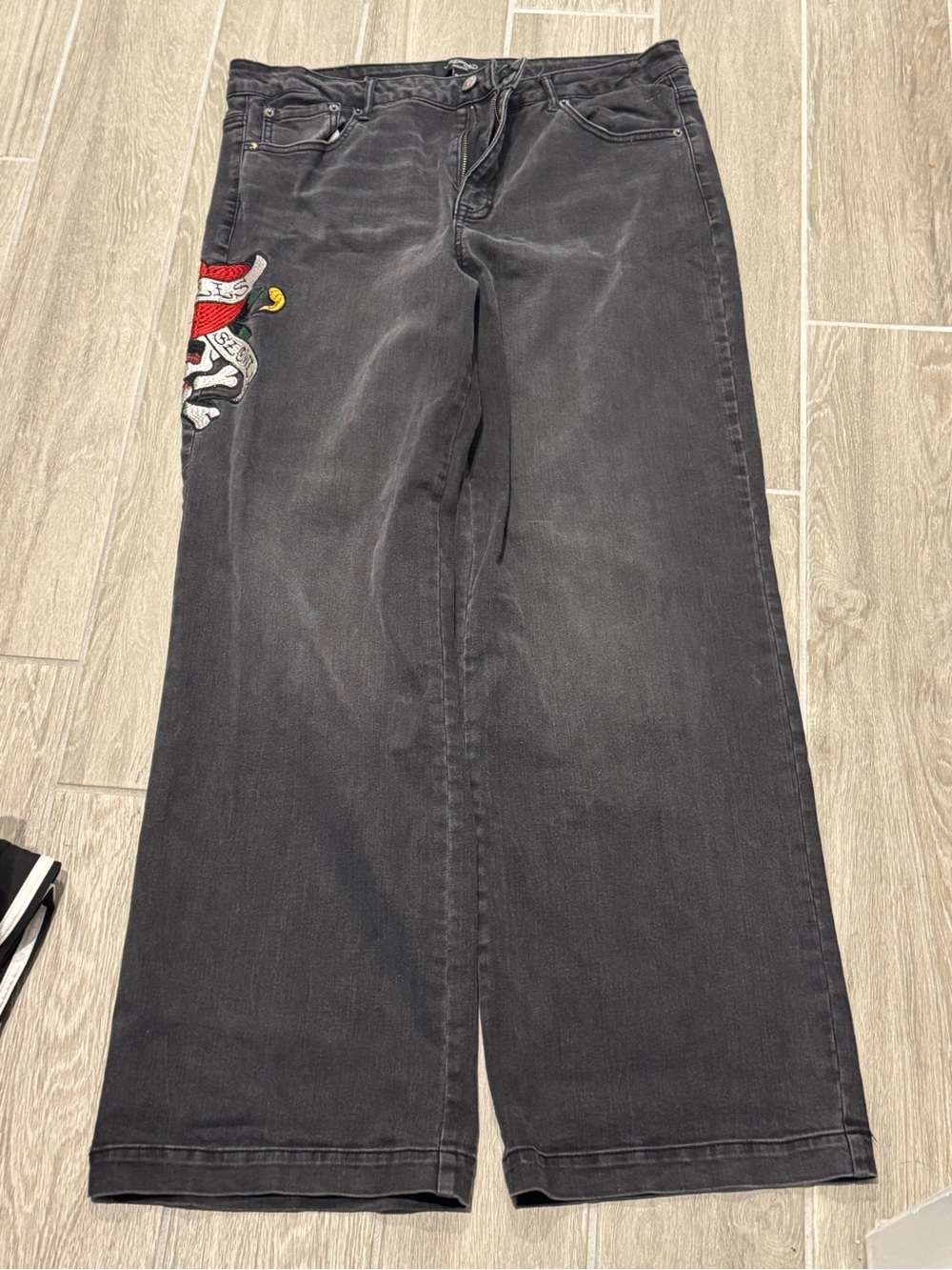 Ed Hardy Black Wide-Leg Jeans with Side Graphic Embroidery